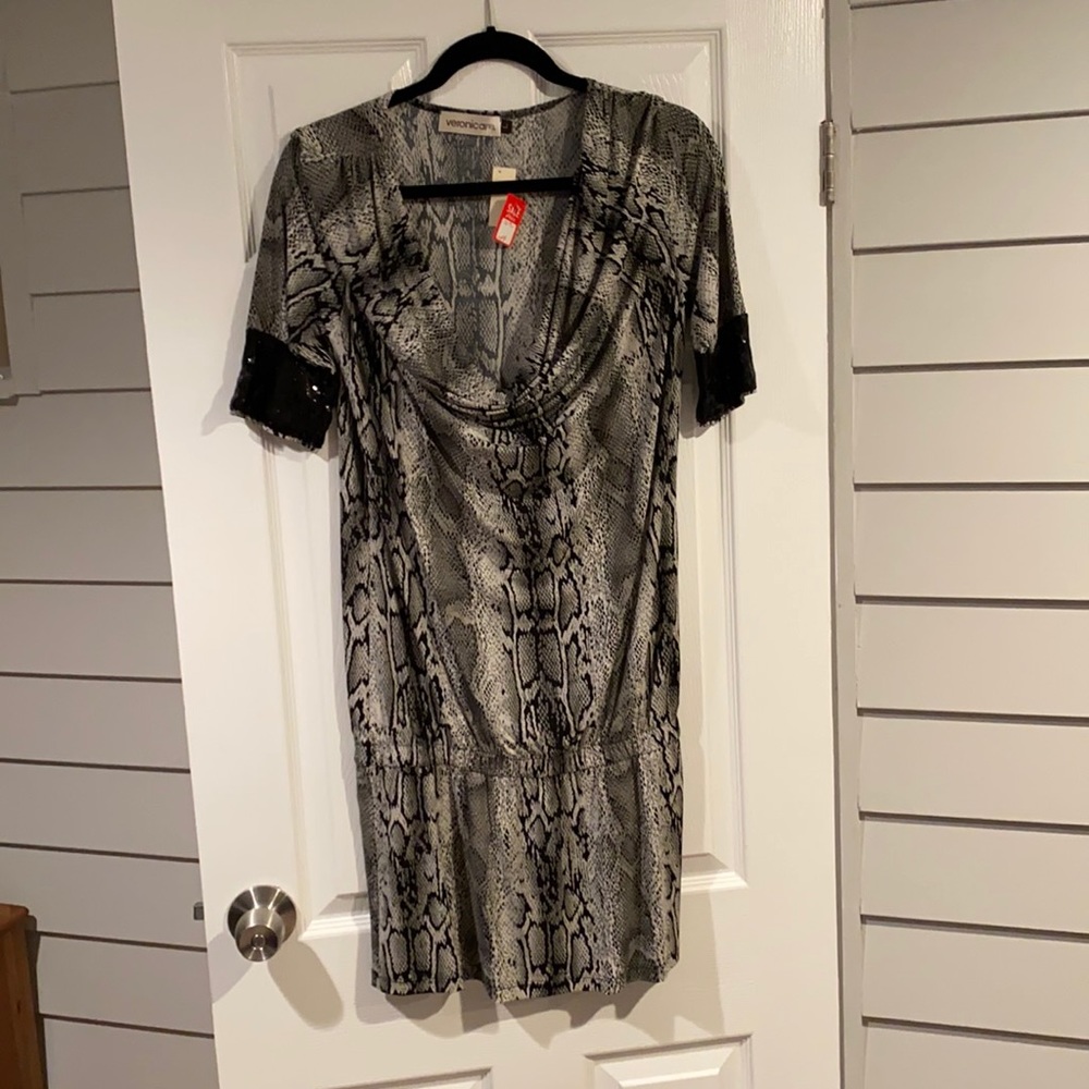 Snakeskin dress with sequin sleeve